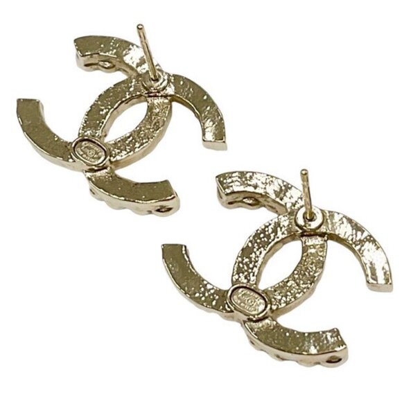 CHANEL CC Logos Rhinestone Stud Earrings Gold Tone A22P Auth w/Box - Picture 9 of 9